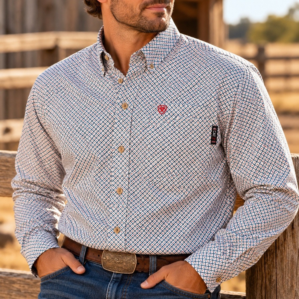 Ariat FR Work Shirt Red White Blue Geometric Long Sleeve 4XL 10030326